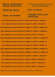 Size chart showing resin Halloween house miniature dimensions and weight details