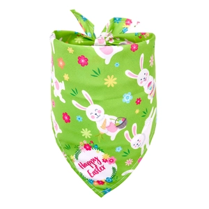 Detail of green Easter pet bandana with Happy Easter text and cartoon rabbit pattern