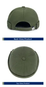 Top and back views of army green docker cap with adjustable metal buckle and six panels