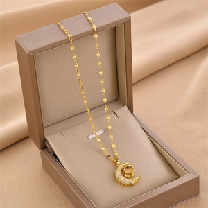 Golden moon necklace for women with diamond accents and I love you projection stone