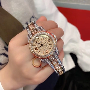 Close-up of a two-tone stainless steel watch with a crystal-studded dial and gold Roman numerals