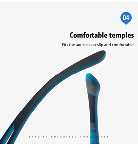 Detail of blue and black polarized sunglasses temples with ergonomic anti-slip design