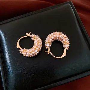 Hoop Earrings 18K Real Gold Plated Copper Imitation Artificial Pearl Cubic Zirconia French Retro Style Elegant Jewelry For Women