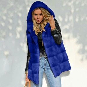 Gilet long femme en fausse fourrure bleu roi avec capuche coupe ample pour automne hiver