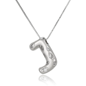 Macro shot of silver letter J pendant featuring micro-set zircons on a box chain