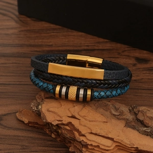 Retro multi-layer leather bracelet for men with magnetic gold clasp on natural wood bark