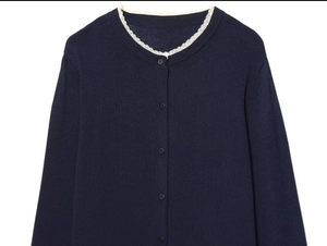 Detail view of navy knit cardigan featuring delicate white lace trim on the round collar