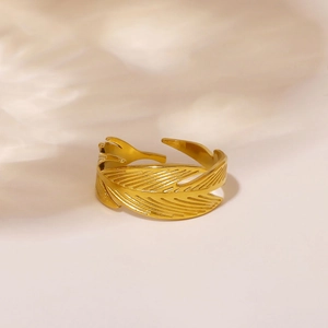 Feather Open Ring Stainless Steel 18K Gold Plated Adjustable Minimalist Hypoallergenic Fashion Jewelry For Women