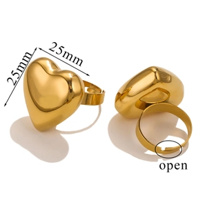 Polished 18K gold plated 25mm heart shaped open ring for women in stainless steel