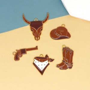 Five-piece brown enamel western cowboy charms set including skull hat and boots