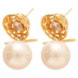 14K gold plated swirl pearl earrings with cubic zirconia accents in vintage style