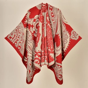 Detailed pattern of ethnic knit shawl with red and beige paisley texture embroidery