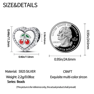 Detailed view of S925 silver heart bead charm with red cherry patterns and zircon inlays