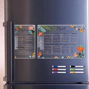 Acrylic magnetic weekly planner set for fridge with colorful markers and floral design