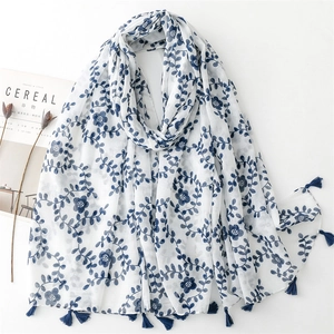 Retro Ethnic Floral Print Scarf Shawl Polyester Bali Yarn Tassel Elegant Soft Sun Protection Wrap For Women