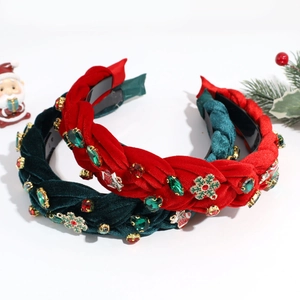Christmas velvet headbands with rhinestones and snowflakes in red and dark green