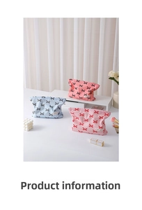 Three bow-printed cotton cosmetic bags in blue and pink colors on white steps