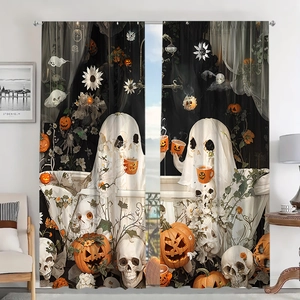 Macro shot of Halloween curtains featuring ghosts, pumpkins and skulls on polyester fabric