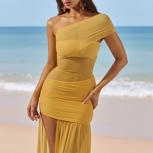 Ginger yellow one-shoulder mesh vacation dress with waist cut-out and high side slit