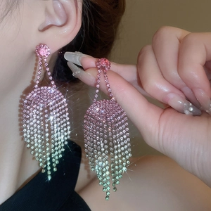 Elegant gradient pink and green rhinestone heart bow tassel drop earrings for women