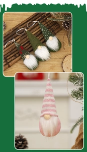 Close-up of knitted Christmas gnomes with pine cones and pine branches decor