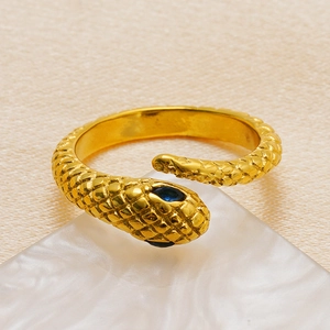 Gold-plated stainless steel snake ring with blue gem eyes and scales texture
