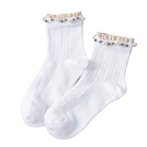 White cotton ribbed crew socks for women featuring beige lace trim and pearl bead accents