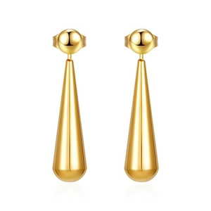 Macro view of polished golden water drop earrings with smooth metallic mirror finish