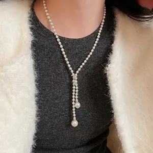 French Vintage Artificial Pearl Lariat Long Sweater Chain Necklace With Water Drop Pendant For Women Elegant Glass Stone Zircon Jewelry