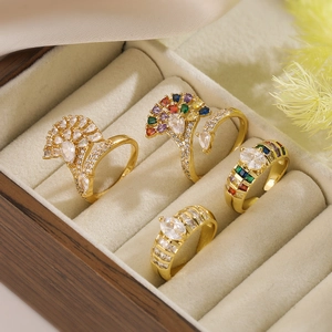 Luxury Copper Adjustable Open Ring Gold Plated Colorful Cubic Zirconia Geometric Fan Shape Jewelry For Women