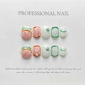 Handmade Press On Nails 3D Grapefruit Lemon Fruit Design Resin Glossy Summer Style Artificial Fingernails