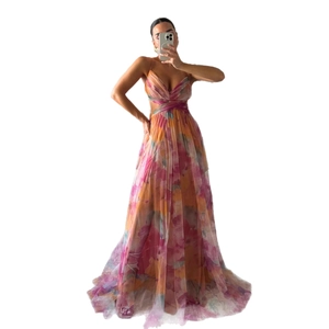 Floral print mesh maxi dress with V-neck and high waist for summer vacations and parties