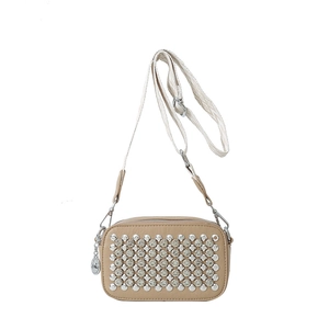 Beige rhinestone square camera bag with wide textured crossbody strap and silver studs