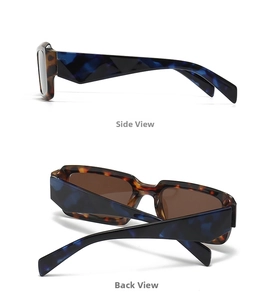 Detailansichten von Seite und Rückseite der Tortoise-Rechteck-Sonnenbrille mit blauen Bügeln
