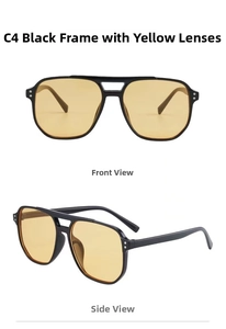 Retro double-bridge pilot sunglasses with black frames and translucent yellow lenses
