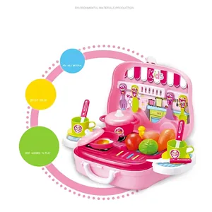 Cuisine de jeu portable rose pour enfants en mallette avec casseroles et jouets