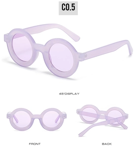 Multiple views showing front, back, and side of round purple frame sunglasses