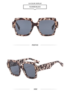 Front and side view of square oversized floral black contrast sunglasses in vintage style