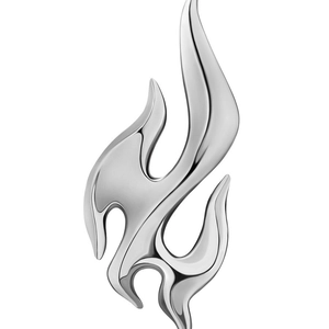Polished stainless steel flame pendant with mirror finish on white background