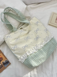 Pastel tote bag with purple bow prints, checkered pattern and delicate lace trim detail