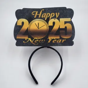 Detail of Happy 2025 New Year headband with gold clock design on black background