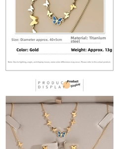 Detail of gold titanium steel butterfly necklace with blue enamel pendant and chain length info