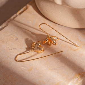 Elegant gold metal tulip flower petal drop earrings with long hooks for women