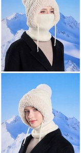 Detail of winter knitted hood with thick plush lining and adjustable drawstrings