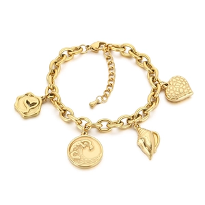 Gold ocean themed stainless steel bracelet with shell, wave, and fish tail charms