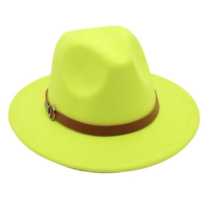 Detail of neon green fedora hat featuring a brown leather strap and silver metal buckle