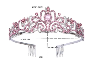 Detailed dimensions of silver birthday tiara with pink crystals and secure side combs