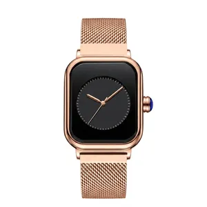 Detailed view of square rose gold quartz watch with black dial and mesh strap dimensions