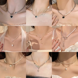 Nine-grid display of various pearl necklaces with heart and star pendants on models