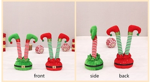 Multiple views showing front, side, and back of plush striped Christmas elf leg decorations